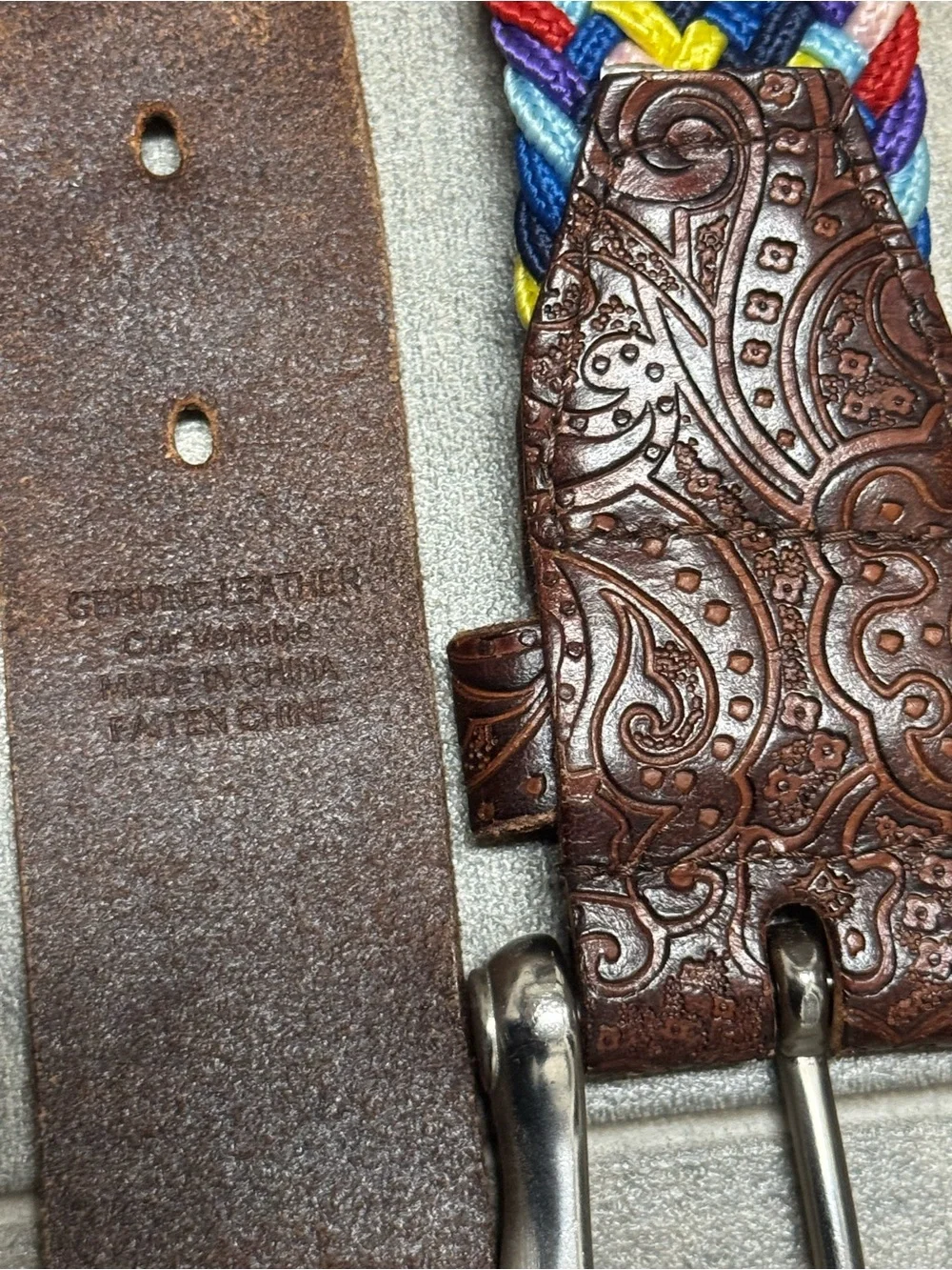 Braided Multicolor Rope & Embossed Brown Genuine Leather Men’s Belt Size 45–55